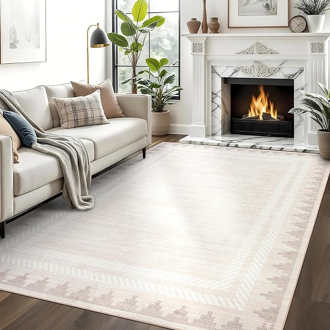 GarveeHome Washable Rugs 5x7 Cream Rug Solid Bordered Geometric Rugs for Living Room, Modern Neutral Carpet with Non Slip TPR Backing, Soft Non Shedding Low Pile Throw Mat for Bedroom Dining Room