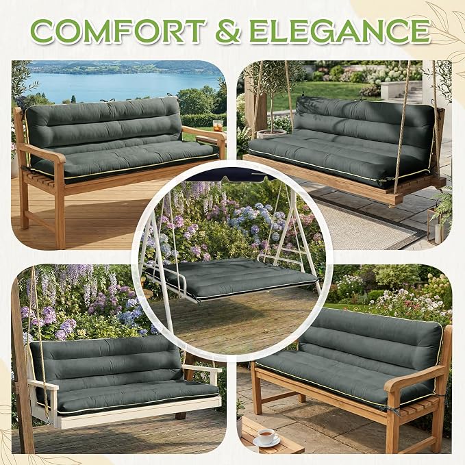 60×40 INCH Outdoor Swing Cushion with Backrest, Tie Straps & Memory Foam - Replacement for Porch Bench 2/3 Seater, Oxford Fabric (Gray, 60 INCH × 40 INCH)