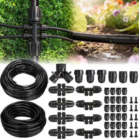 132FT Drip Irrigation Tubing Kit with 1/2 inch Drip Irrigation Tubing, 1/4 inch Irrigation Dripline, and Irrigation Parts for Garden, Raised Beds, and Greenhouse Watering