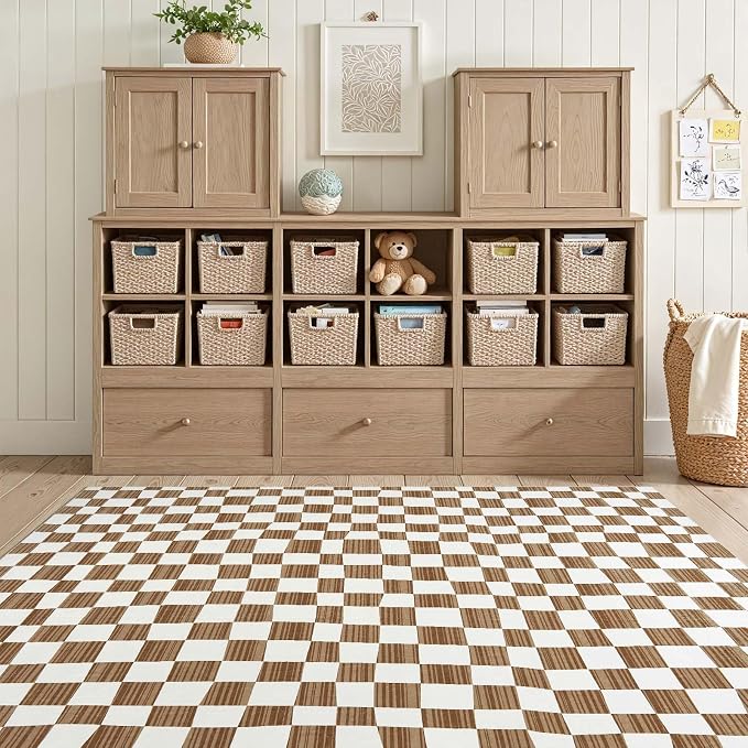 jinchan 4x6 Area Rug Washable Modern Checkered Rug for Kids Room, Brown | Geometric Lattice, Soft, Non-Slip, Floor Carpet, Kitchen, Nursery, Bedroom, Living Room, Dining Room, Nursery, Playroom