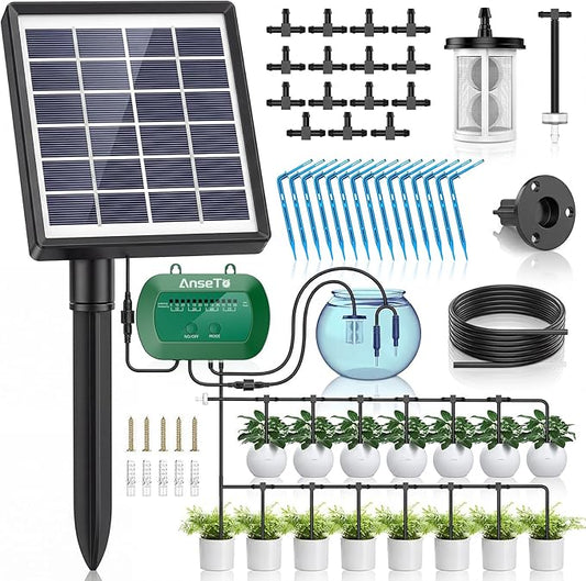 Solar Drip Irrigation System, Automatic Watering Kit with Split Design & Anti-Siphon Valve, 12 Modes Garden Irrigation System with 49ft Hose for 15 Potted Plants, Patio, Balcony & Greenhouse