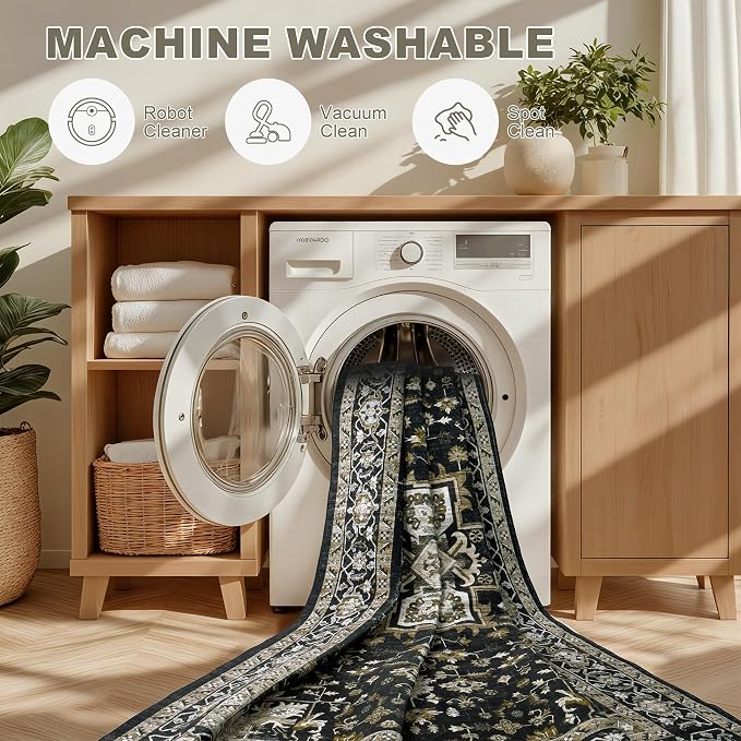 6x9 Area Rugs Living Room: Washable Rug for Bedroom Black Gold | Boho No Slip Stain Resistant Rug Soft Indoor Decor Floor Floral 6x9 Area Rugs for Dining Room, Nursery, Hallway, Home Office