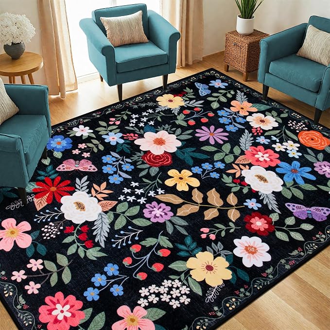PLHXFR 6x9 Area Rug Living Room: Floral Washable Boho Soft Carpet Black | For Bedroom Dining Room Farmhouse Nursery Hallway,Vintage Floral,Machine washable,Non Slip,Stain Resistant,Large Indoor