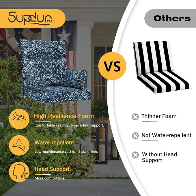 Outdoor High Back Chair Cushion, 2 Pack 48 x 24 inches Patio Chair Cushions Water Repellent Rocking Cushions Indoor Furniture Seat Pad with 2 Pillows, Damask Vine