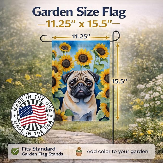 Caroline's Treasures DAC6145GF Pug in Sunflowers Garden Flag Mailbox Flag Decorative Yard Flag Banner Outside Patio Artwork Yard Flower Beds, Garden Size, Multicolor