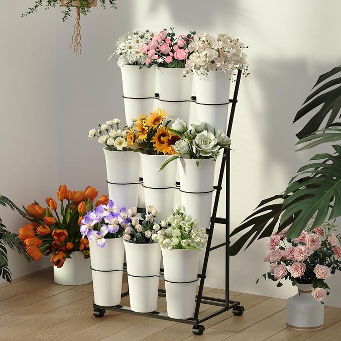 Invech Flower Display Stand with 9 Buckets and Wheels, 3 Tier Flower Cart Display Stand for Indoor Outdoor Garden, Wedding, Flower Shop (Black)