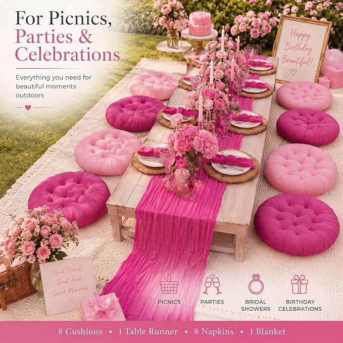 Beeveer 71 x 118'' Extra Large Outdoor Picnic Blanket with Rose Red Table Runner 8 Napkins and 8 Floor Pillows Cushions for Picnic Party Camping Wedding Bachelorette Birthday Baby Shower Decor