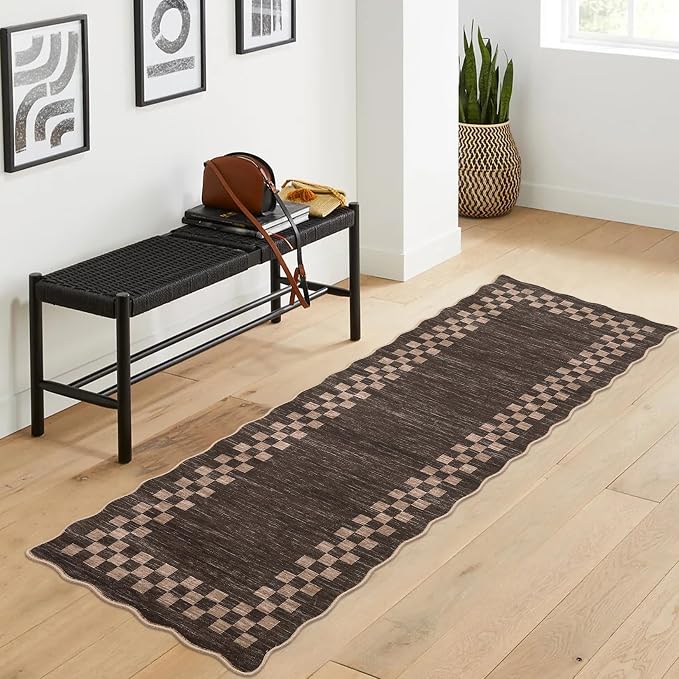 GarveeHome Hallway Runner Rug 2x6 Non Slip Scalloped Kitchen Washable Rug | Entry Stain Resistant Modern Border Throw Floor Carpet Long Runner Mat for Bathroom Living Room Bedside, Brown