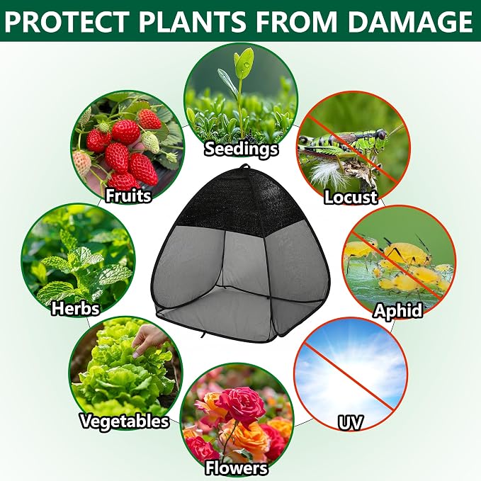 2 Pcs Pop Up Garden Netting Bug and Shade Covers, 30" x 28" x 28" Plant Sun Shade Top Bird Netting Tents, Insect Barrier Sun Protection Plant Cover Tent for Outdoor Plants Vegetables Fruits (Black)
