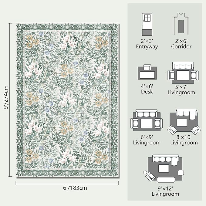 Botanical Floral Area Rug 6x9 Light Green Cream Vintage Garden Design, Perfect for Living Room, Bedroom, Kids Room, Nursery - Stain & Water Resistant Non-Slip, Pet & Child Friendly Area Rugs