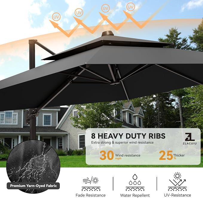 9x12FT Black Cantilever Outdoor Patio Umbrella with Base, Large Rectangular Offset Design, Double Top Heavy Duty Aluminum Frame & 360° Rotation for Pool Garden Deck Backyard