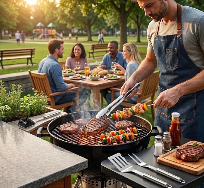 Stainless Steel BBQ Grill Tool Set - Barbecue Accessories & Utensils Sets - 4 Piece Spatula, Tongs, Cleaning Brush, Fork - 13.5" Barbeque Tools Kit - Gift for Grilling Lover Men Outdoor & Kitchen