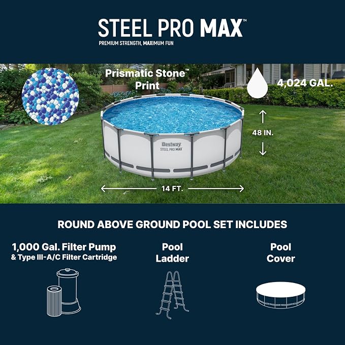 Bestway Steel Pro MAX 14' x 48" Above Ground Pool, Round Metal Frame Outdoor Swimming Pool Set with Filter Pump, Ladder, and Cover, Gray
