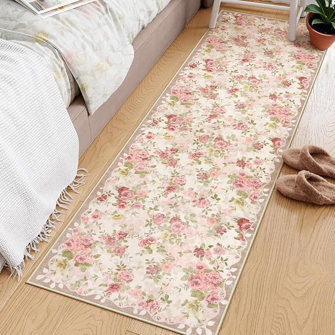 Lahome Floral Pink Bathroom Rug Runners for Hallways Non Slip, 2x6 Washable Kitchen Runner Rug, Soft Boho Throw Carpet for Girls Bedside Bedroom Laundry Nina Beige/Pink/Multi