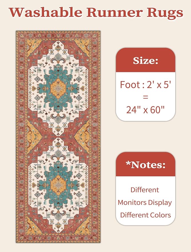 SERISSA 2x5 Washable Non Slip Boho Runner Rug for Hallway，Orange | Ultra Soft Vintage Oriental Carpet Low-Pile Distressed Tribal Floor Carpet for Kitchen Bedroom Bathroom Laundry Living Room