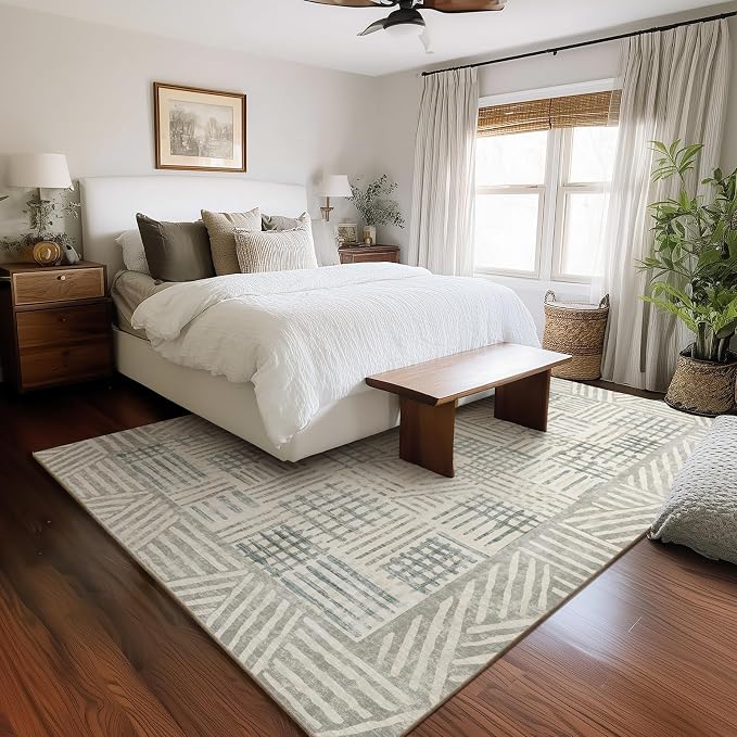 Area Rug 6x9 Abstract Geometric Textured Brushstroke - Neutral Gray & Light Blue Modern Minimalist Area Rug, Decorative Carpet for Living Room Bedroom Home Decor