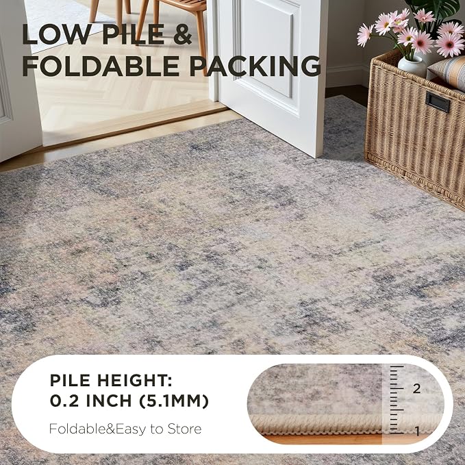 Joydeco 2x6 Runner Rug Modern Abstract Machine Washable Rug – Low Pile Faux Wool with Non-Slip Backing, Neutral Print Carpet Runner for Hallway, Kitchen, Entryway, Laundry and Bedroom, Beige&Blue&Pink
