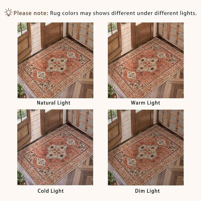 Tangsoo Boho 4x6 Area Rug for Living Room, Washable Non Slip Rug Terracotta | Oriental Machine Washable Large Rug Carpet, Vintage Soft Low Pile Foldable Rugs for Dining Room Bedroom Dorm Bedside Bathroom