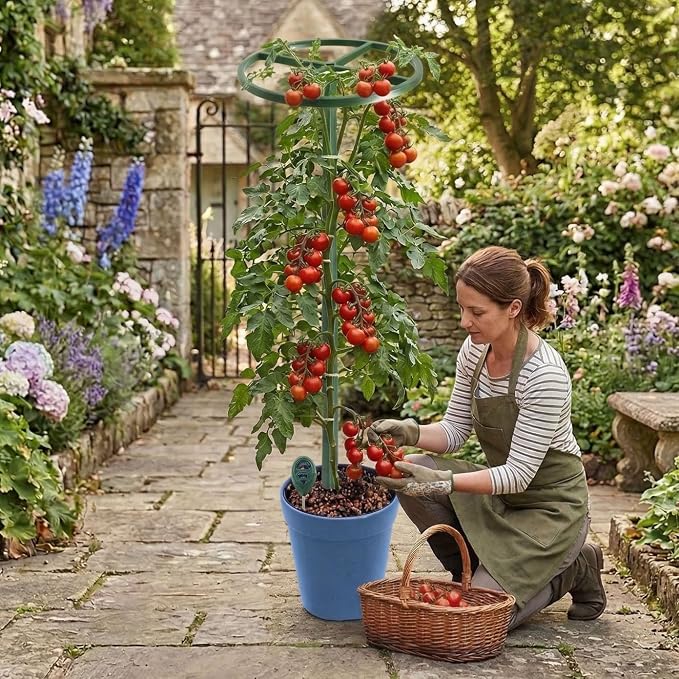 61" Adjustable Plant Trellis, Round Ring, Green | Round support ring design. Anti-tipping base fits inside pot. Modular heavy duty iron.