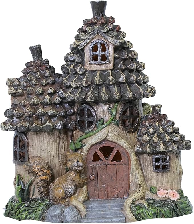 Solar Garden Squirrel's House Fairy Outdoor Statues Yard Resin Decoration Gift Handmade Housewarming Gift for Patio Yard Lawn Waterproof Cracking