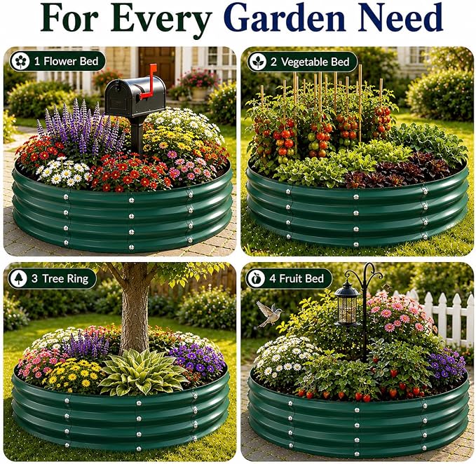 3FT Round Raised Garden Bed, Thickened Galvanized Metal Planter Box for Vegetables, Flowers & Herbs, Rust-Resistant Outdoor Gardening Bed with Modern Green Finish & Easy DIY Assembly