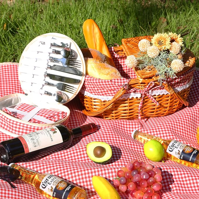 Wicker Picnic Basket with Handle, 15" Large Picnic Basket with Lid & Removable Liner, Vintage Hand Woven Basket with Cutlery Set for Picnics, Camping, Thanksgiving, and Birthday
