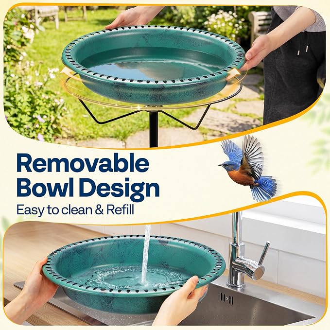 VIVOHOME Oval Bird Bath with Solar Fountain for Outside, Weather-Resistant ABS Birdbath Bowl with Solar Powered Pump, Metal Ground Stake for Outdoor, Garden, 1.3 Gallons, Green