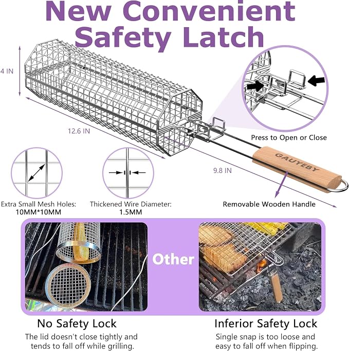 Rolling Grill Basket, Grilling Baskets for Outdoor Grill, REMOVABLE HANDLE, Anti-Scorch Stainless Steel BBQ Net Tube for Meat, Shrimp, Vegetables, BBQ Gifts for Dad, Husband (Octagon)