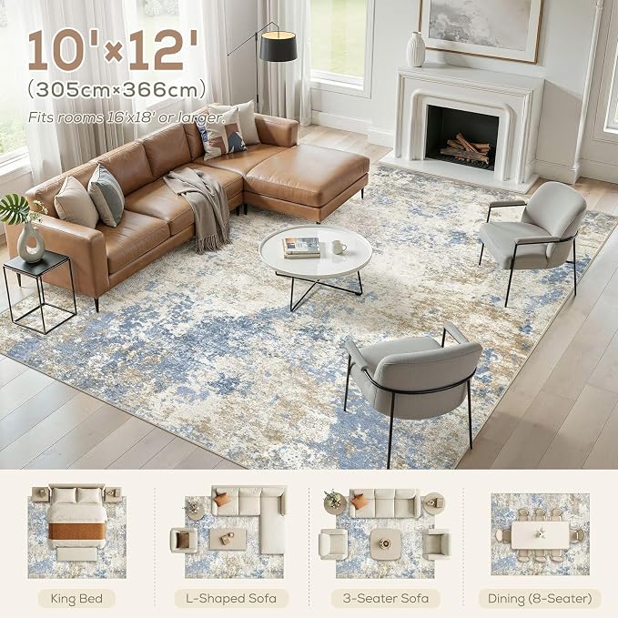 Nakagishi 10X12 Abstract Washable Area Rugs for Living Room-Blue Brown | Modern Non-Slip Silicone Backing Low Pile Soft Carpet for Bedroom Dining Decor Ideal for Families with Kids and Pets