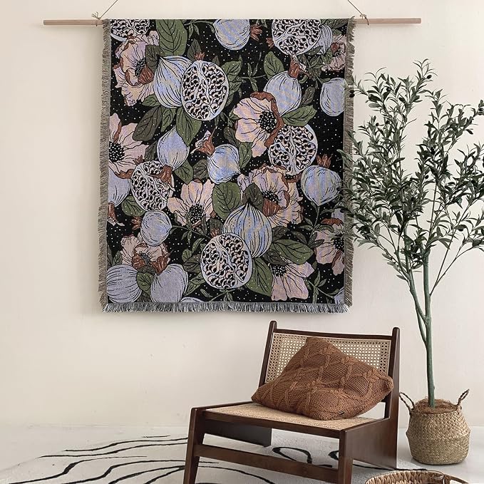 Boho Throw Blanket Reversible Cotton Bohemian Tapestry Hippie Room Decor Double Sided (Boho Flower Dark 50"x60")