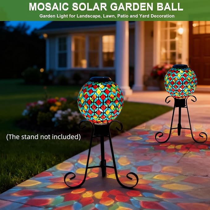VOREEN 8" Solar Mosaic Glass Garden Ball, IP45 Waterproof Globe Yard Light, Automatic Dusk-to-Dawn Colorful Landscape Lamp for Patio Lawn Pathway Outdoor Decoration