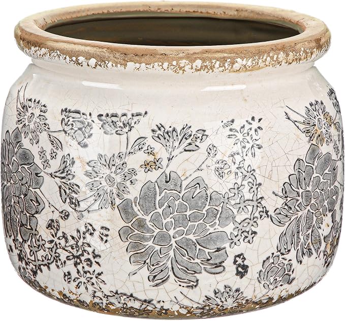7.7" Large Ceramic Plant Pot Beige Gray Rustic Peony Crackle Glaze Rustic Flowers Pot Decorative Planter with Drainage for Indoor Outdoor Plants Home Kitchen Office Decor Gift