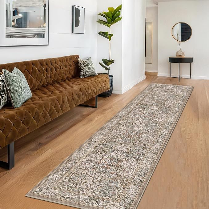 Non Slip 2x10 Moss Green Hallway Runner - 10ft Long Runner Rugs, Washable Kitchen Floor Mat - Vintage Brown Taupe Neutral Floral Design Décor