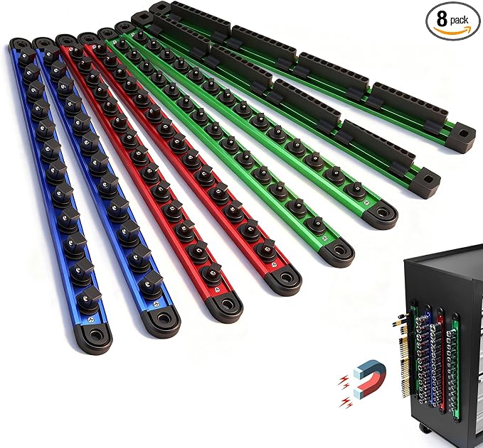 8-Piece Magnetic Socket & Bit Organizer Kit, 1/4'' 3/8'' 1/2'' Heavy Duty Socket Holder Holds 80 Clips, Aluminum Sockets Rail for Tool Box Drawer, 1/4'' Slidable Drill Bit Organizer Holds 80 Bits