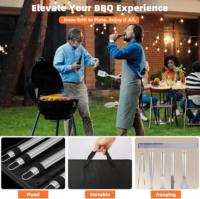 32PCS Grill Accessories Set Grilling Gifts for Men, 16 Inches Heavy Duty BBQ Accessories, Stainless Steel Grill Utensils Set with Thermometer, Grill Tools for Backyard Camping for Men Women - Sliver