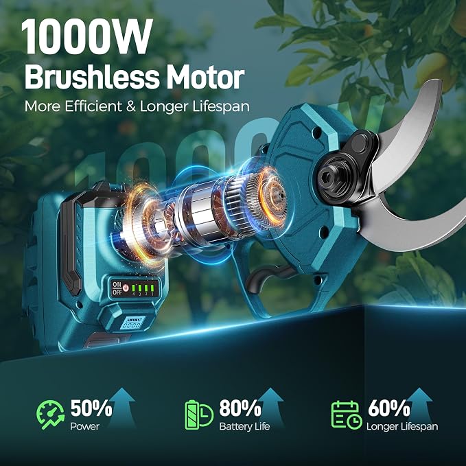 Electric Pruning Shears for Gardening, 1.6" Cutting Diameter, Portable Branch Cutter with SK5 Blades, 4 Modes, 2×4.0Ah Battery Powered Cordless Pruner for Garden Tree Trimming