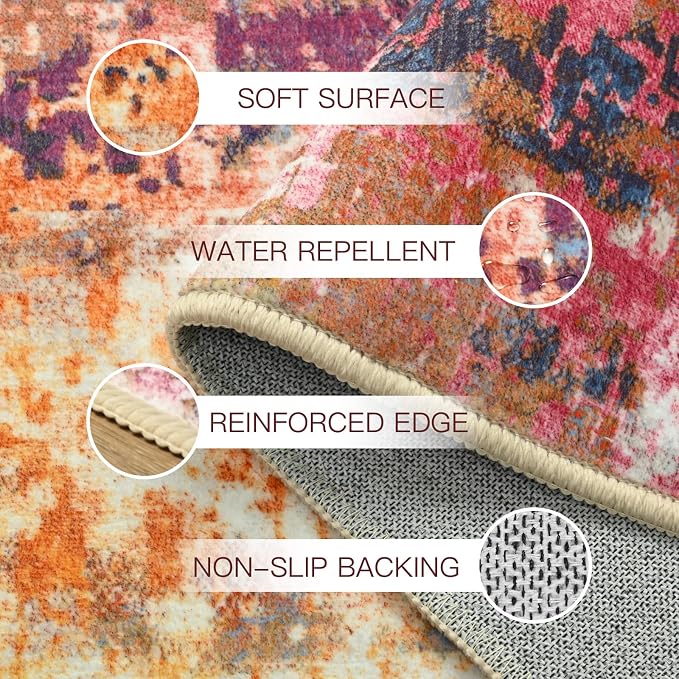 Colorful Washable Runner Rug for Bedroom, Abstract Non-Slip Soft Entryway Rugs, Modern Low Pile Stain Resistant 2x6 Carpet for Entryway, Kitchen, Hallway, Bedside