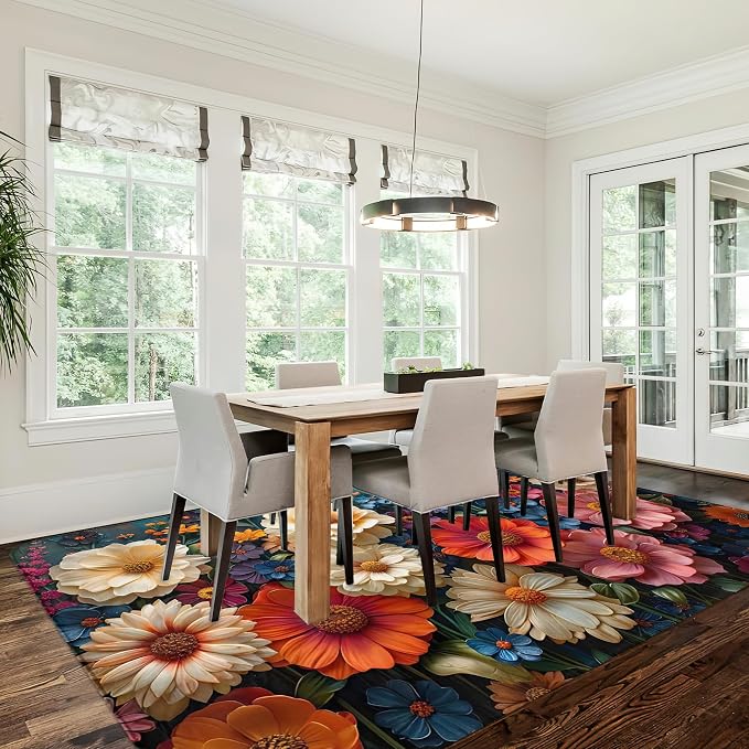 Area Rugs Abstract Flower Modern Neutral Large Living Room Carpet Cute Spring Floral Washable Rugs 5×7 for Kitchen Dinning Room Bedroom Farmhouse Nursery Office Home Decor
