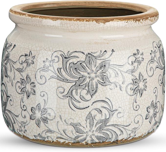 7.7" Large Vintage Ceramic Plant Pot with Baroque Floral Pattern Beige Gray Rustic Planter with Ice Crackle Glaze & Drainage Hole for Indoor Outdoor Plants Home Office Kitchen Decor Gift