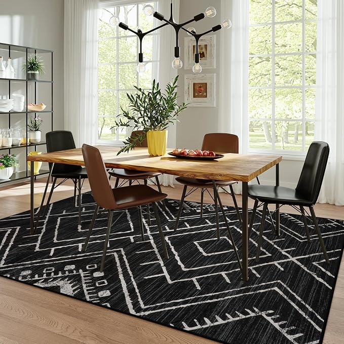 LIVEBOX Moroccan 8x10 Area Rug, Black Washable Rugs for Living Room Bedroom, Non Slip Western Tribal Rug Low Pile Geometric Large Area Rugs Diamond Carpet for Dining Room Home Office Decor Playroom