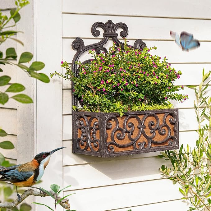 Sungmor Vintage Cast Iron Wall-Mounted Planter Basket with Fabric Liner,Rustic Scrollwork Hanging Flower Holder,Decorative Wall Shelf for Plants,Outdoor Hanging Basket Flower Pot