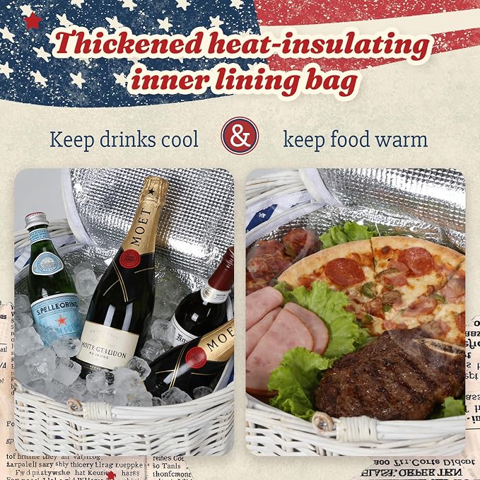 Wicker Picnic Basket with Insulated Lined Bag 15“ x 11” x 7“ Red, White,Blue Star Stripe Pattern, Iced Beer Insulated Bag for Camping, Picnics, Birthday Gifts, Wedding Gifts