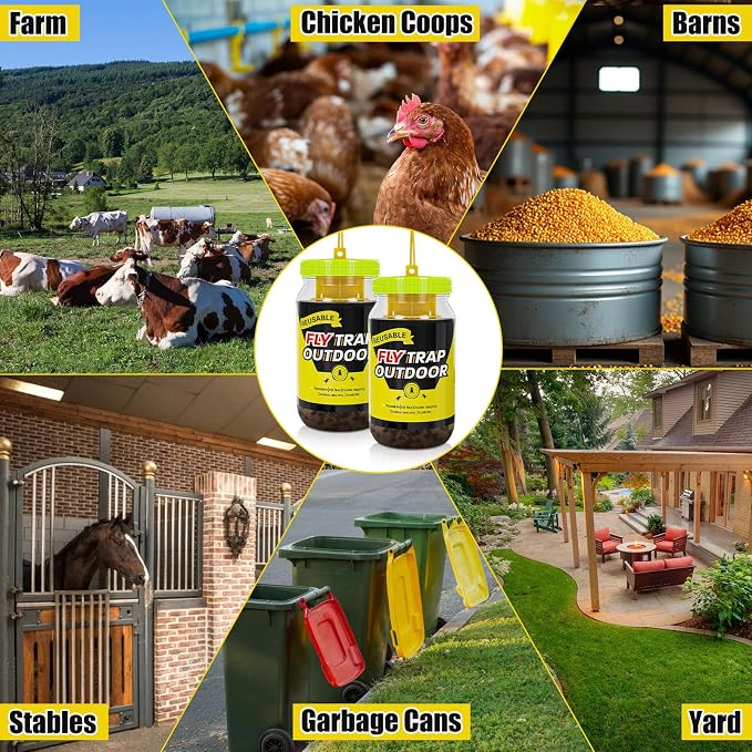 4 Fly Traps Outdoor Fly Trap for Patio with 4 Dissolvable Bait Refills, Reusable Hanging Bug Catcher Killer Bottle for Outside Bug Control Yard Ranch Barns Stable, Hanging Rope, Brush Included