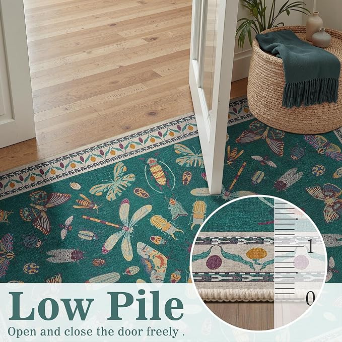 DCX 5x7 Washable Bug Rug for Living Room, Soft Low Pile Rug, Deep Teal | Easy to clean, non-shedding, soft, kid & pet friendly, with a non-slip rubber backing for bedrooms, and nature-themed decor