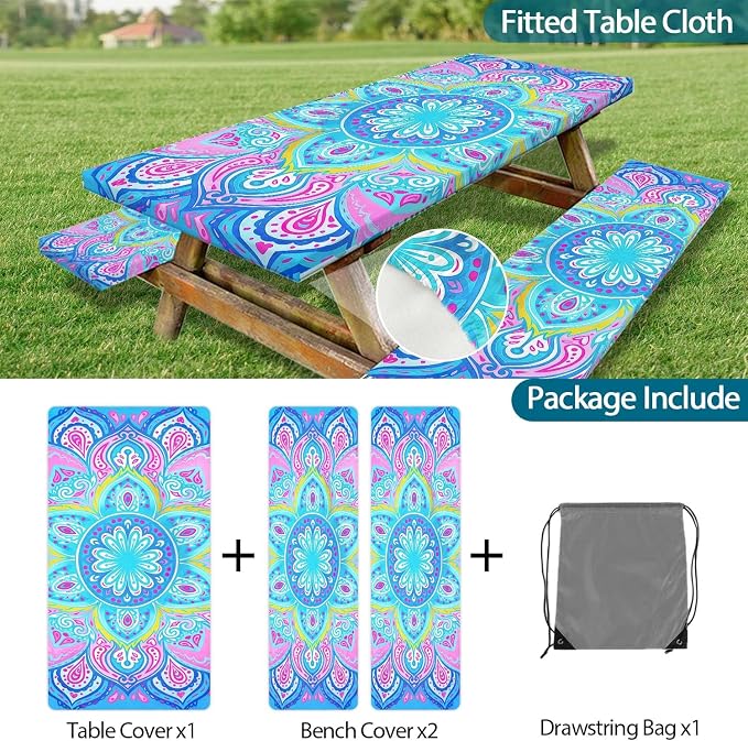 Picnic Table Covers with Bench Covers Boho Pattern Camping Tablecloth Fitted Picnic Table Cover with Elastic Windproof Waterproof Fabric, Outdoor Camping Accessories Gifts for Men Women, 72In 3PCS