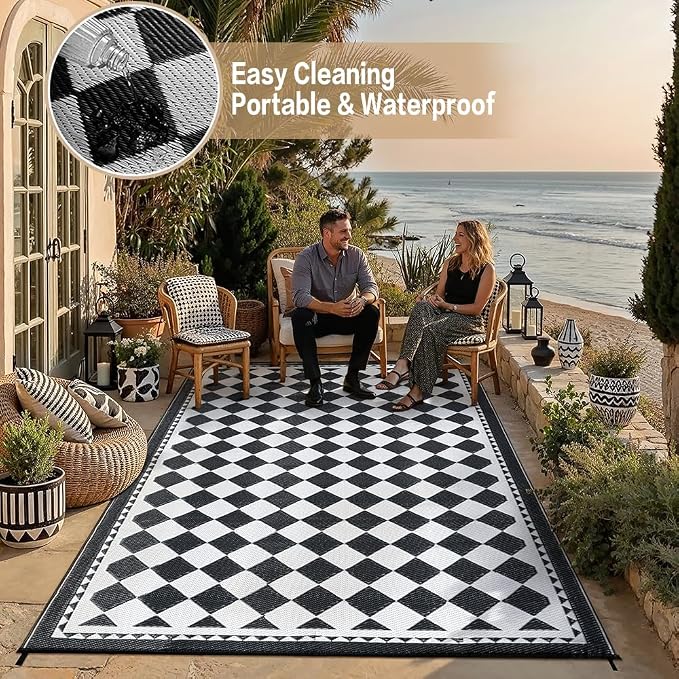 HUGEAR Outdoor Waterproof Rug 6'x9' Plastic Straw Rugs Washable Reversible Floor Mat Black/White Plaid Carpet for Camping RV Deck Entryance Porch Picnic Balcony Beach Backyard
