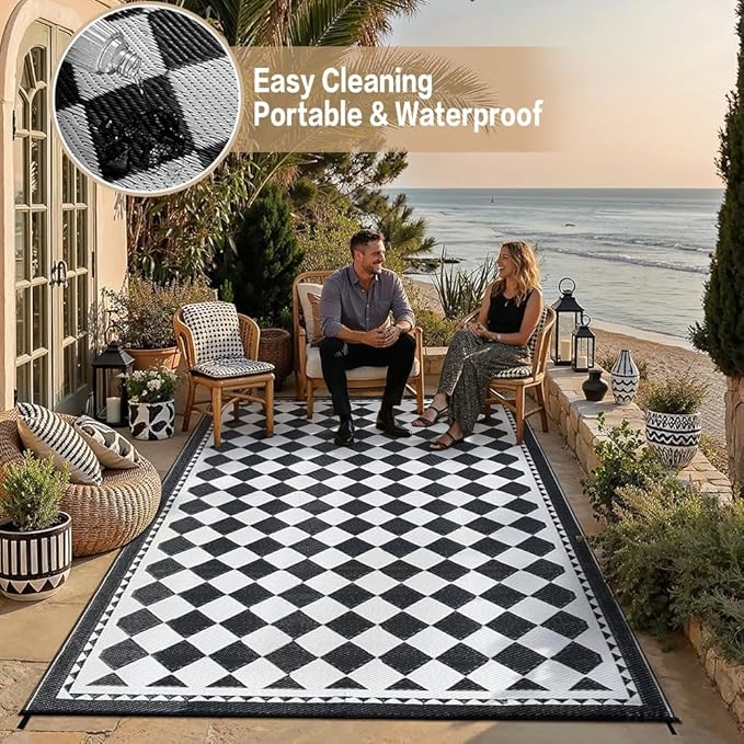 HUGEAR Outdoor Waterproof Rug 9'x12' Plastic Straw Rugs Washable Reversible Floor Mat Black/White Plaid Carpet for Camping RV Deck Entryance Porch Picnic Balcony Beach Backyard