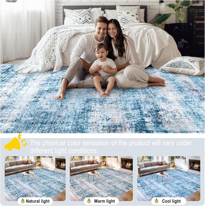 PLHXFR 6x9 Area Rug Living Room: Modern Abstract Washable Carpet Blue | For Bedroom Dining Room Farmhouse Nursery Home,Machine washable,Non Slip,Large Soft Neutral,Stain Resistant, Indoor Floor