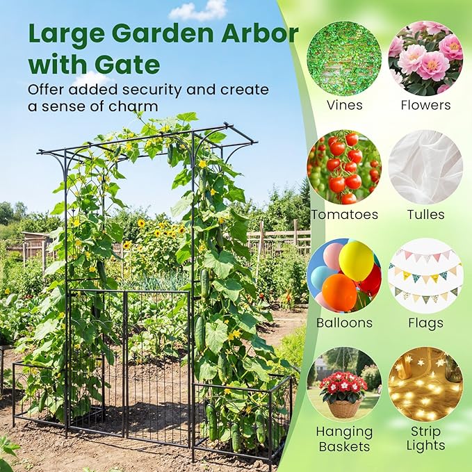 Giantex Garden Arbor with Gate and Planter, 79" W x 81" H Metal Arch Trellis with Double Doors, Outdoor Archway for Climbing Plants, Weddings, Backyard, Patio, Lawn, Ceremony Party Decoration