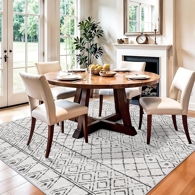 Washable 5x5 Square Moroccan Rug:Non Slip Soft Indoor Rug Geometric Grey | Throw Large Carpet - Low Pile Farmhouse Floor Mat for Living Room Bedroom Dining Room - Rugs for Young Families Home